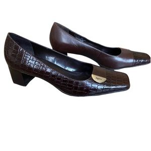 Etienne Aigner Leather Contrast Square Toe Heels